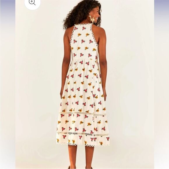 NWT Farm Rio White Linen Blend Mixed Cross Stitch Flowers Midi Dress M - Picture 2 of 16